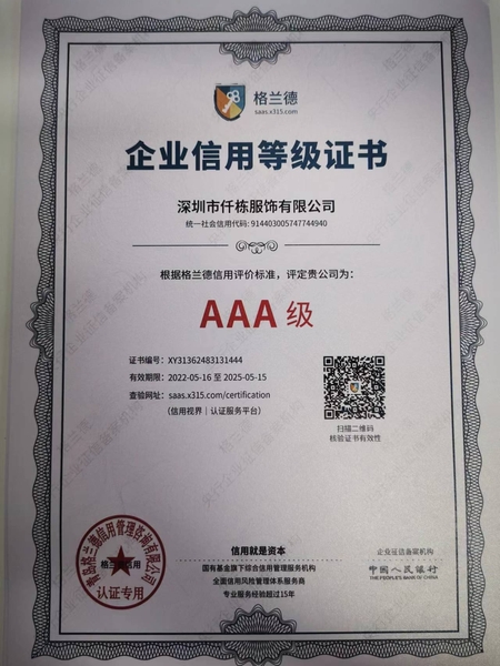 信用证书（工作服，工作服定制）